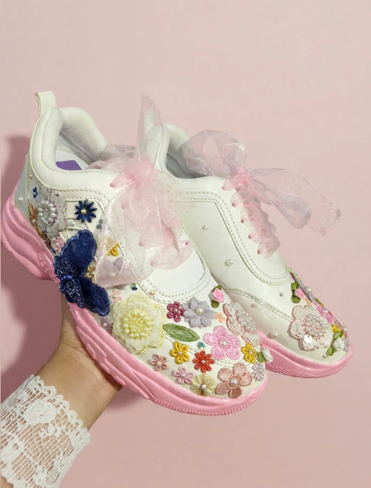 FUNKY N TRENDY multi colored floral theme bridal sneakers / bridesmaid sneakers/floral sneakers / multi color sneakers / versatile sneakers / haldi mehendi sneakers/ pink sneakers