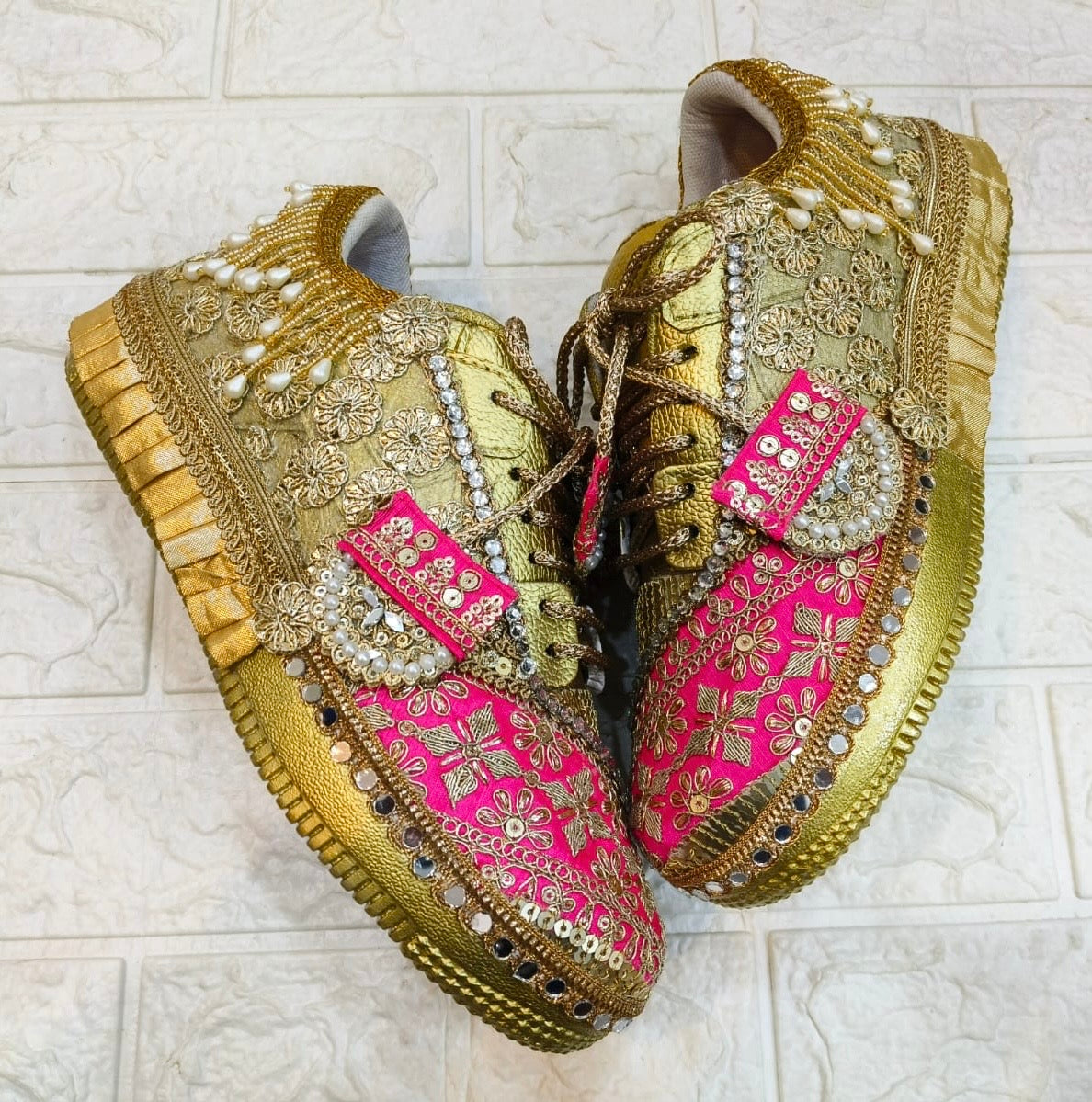 FUNKY N TRENDY hot pink sneakers with rhinestone detailing for brides /bridesmaids / sneakers for bridesmaids/ handcrafted sneakers/ sequine sneakers / bridal sneakers / bridesmaid sneakers/ pink sneakers / gold shoes/ rani pink sneakers