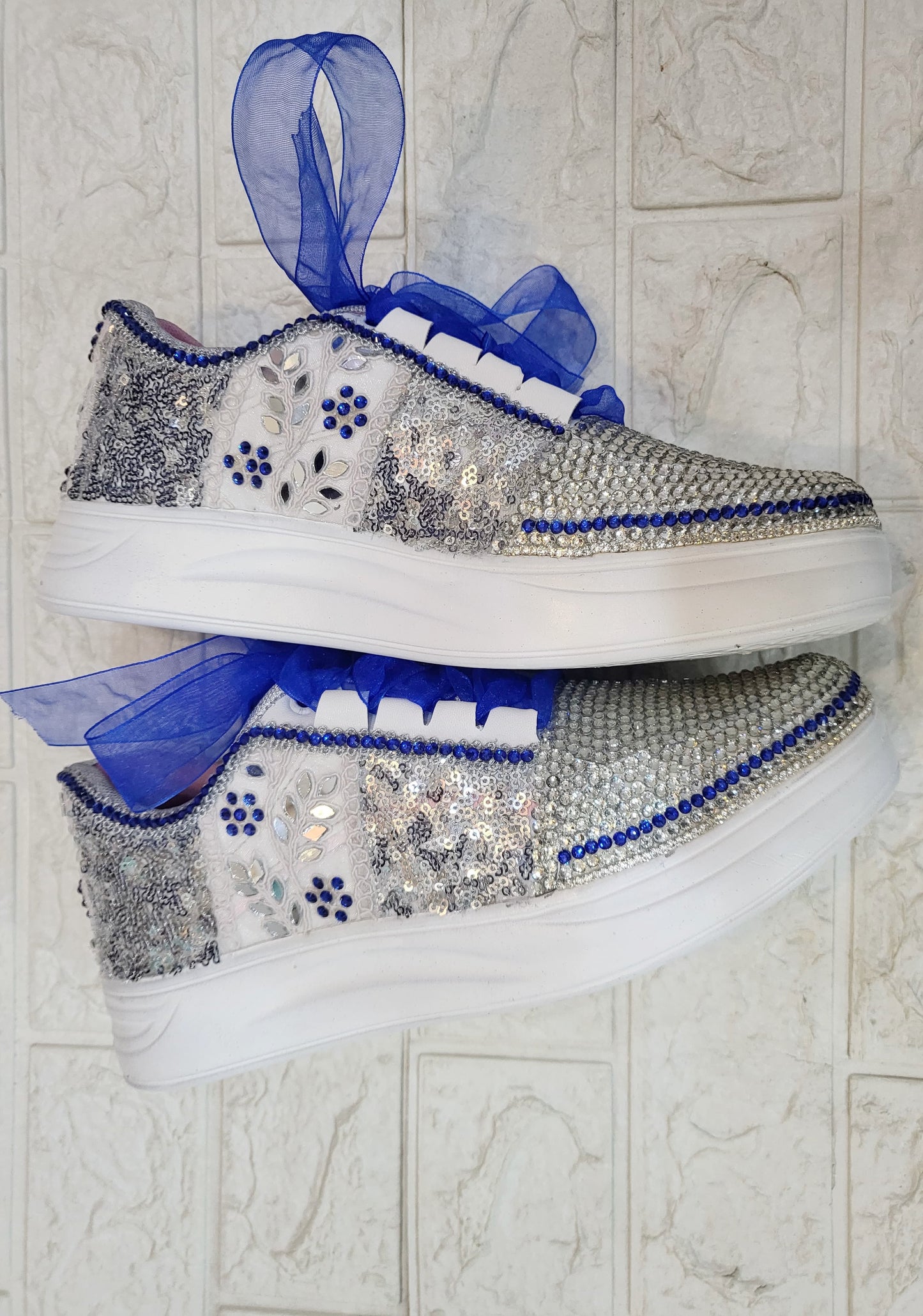 FUNKY N TRENDY rhinestone work bridal sneakers / bridesmaid sneakers/ silver sneakers / silver shoes/ rhinestone sneakers mirror shoes/ bride shoes/ embroidered shoes/ silver and blue sneakers