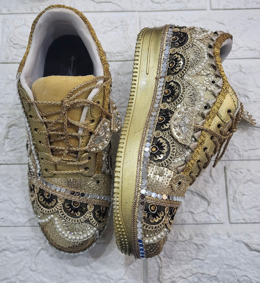 Funky N Trendy handcrafted pearl and mirror work bridal sneakers/ bridesmaid sneaker / black sneakers /black boho sneakers/ black shoes / black and gold sneakers / gold sneakers