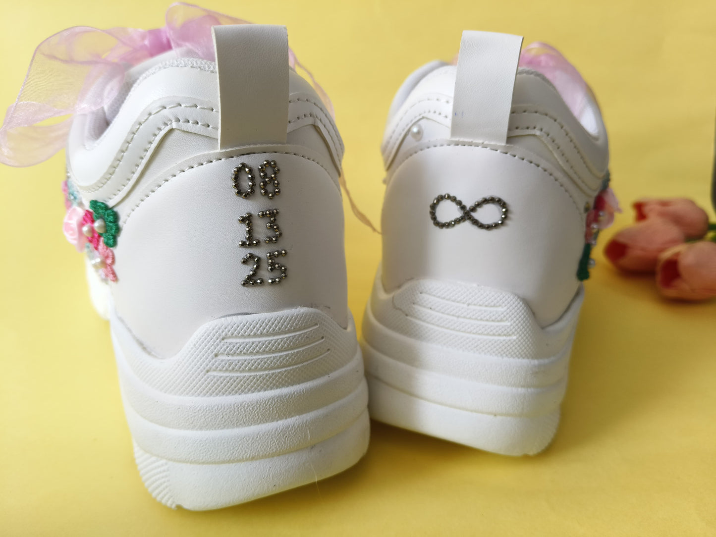 FUNKY N TRENDY “Pastel Garden Handcrafted Sneakers – Floral Magic” with customized wedding date / name initials