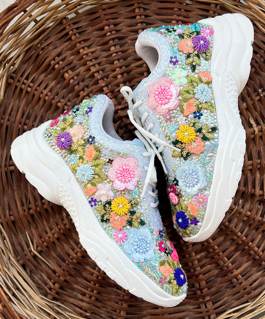 FUNKY N TRENDY Sky Blue Floral Bridal Sneakers – Handcrafted & Unique