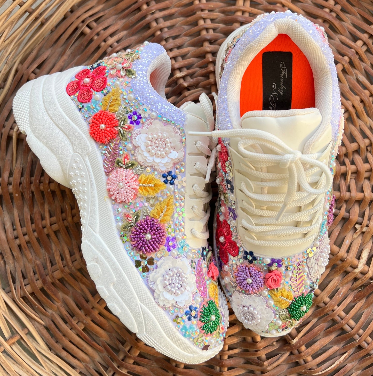 FUNKY N TRENDY fully hand crafted purple floral work with beads rhinestones cutdana etc /bridal sneakers / bridesmaid sneakers/ floral sneakers /colorful sneakers /bridal shoes / haldi mahendi shoes/ carnival sneakers / lilac levender sneakers