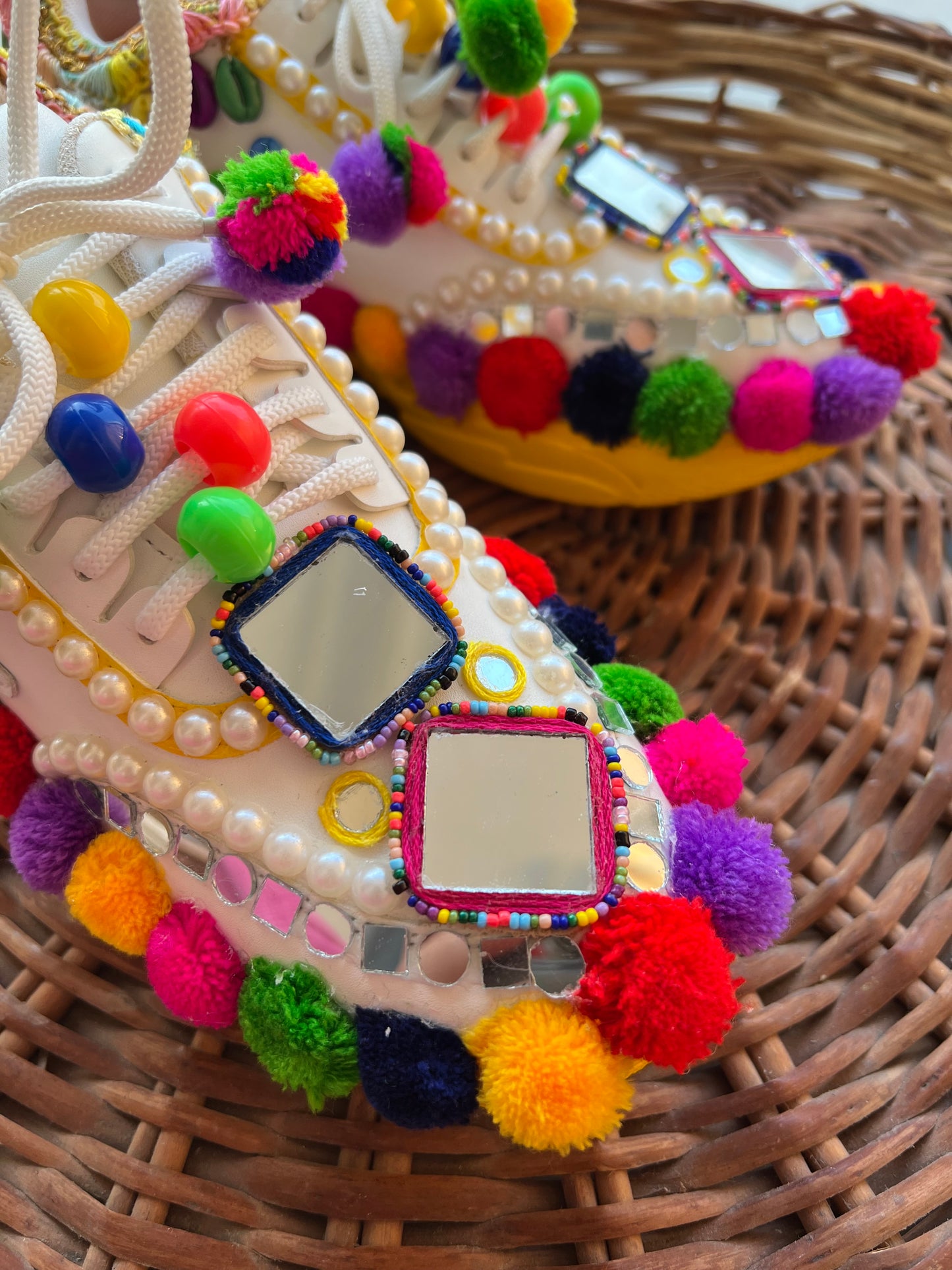 Funky N Trendy hand crafted yellow and multi colored hand work bridal sneakers/ bridesmaid sneaker / yellow sneakers/ yellow shoes for haldi ceremony/ pom pom shoes/ garba shoes / Gujarati shoes