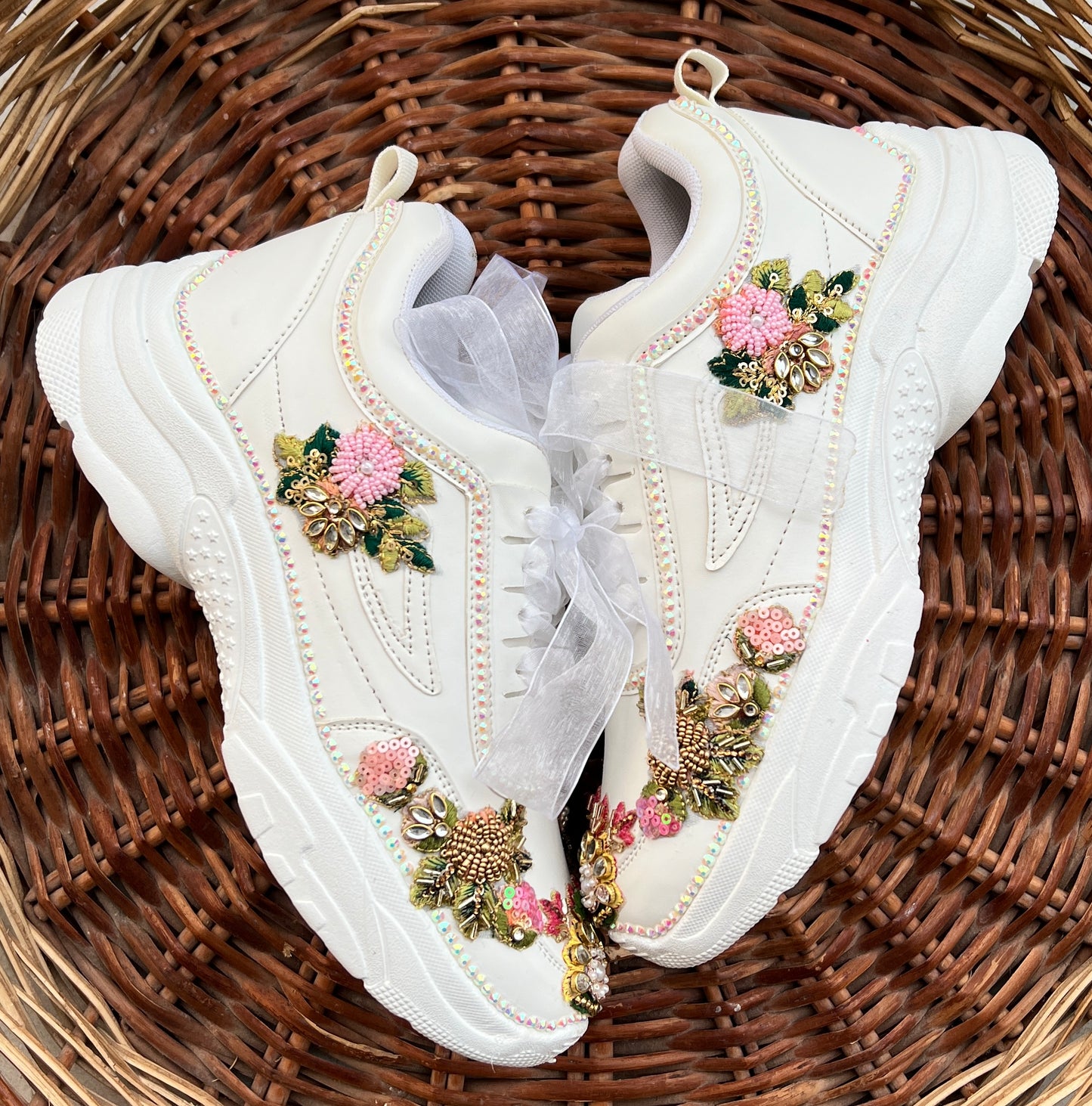 FUNKY N TRENDY hand embroidered floral work sneakers/ white sneakers /bridal shoes / bridal sneakers / minimal sneakers/ bridesmaid sneakers