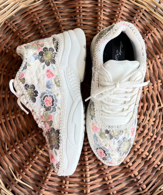 FUNKY N TRENDY fully hand crafted floral work sneakers /bridal sneakers / bridesmaid sneakers/ floral sneakers /colorful sneakers /bridal shoes / haldi mahendi shoes/ green sneakers
