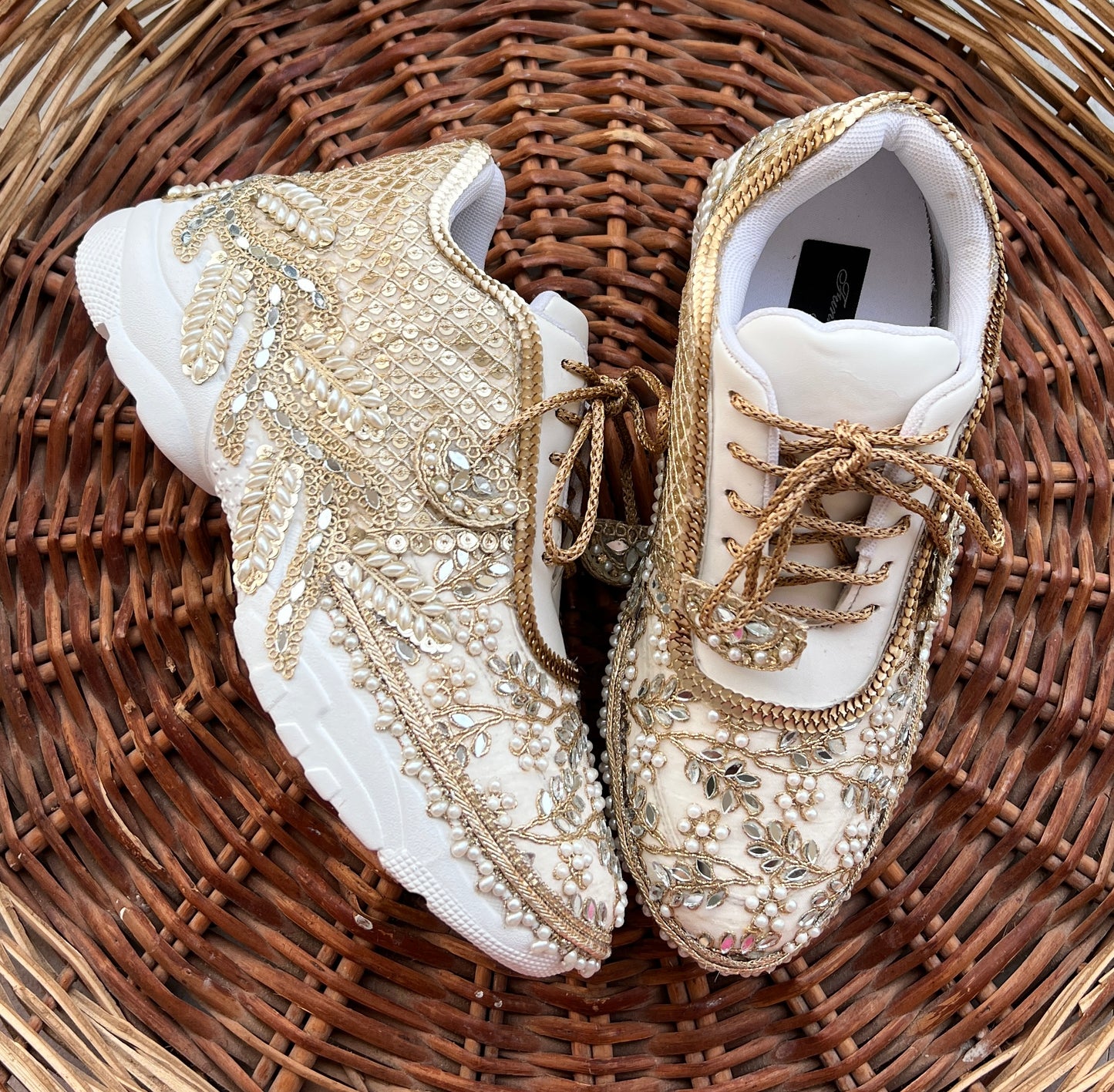 Funky N Trendy ivory / embroidery work bridal sneakers/ bridesmaid sneaker / hancrafted sneakers / gold sneakers / golden sneakers/ mirror sneakers / pearl sneakers