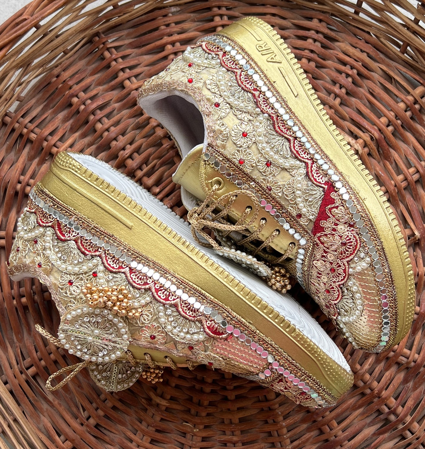 Funky N Trendy Maroon & Gold embroidery work bridal sneakers/ bridesmaid sneaker / golden sneakers/ Maroon sneakers / gold shoes