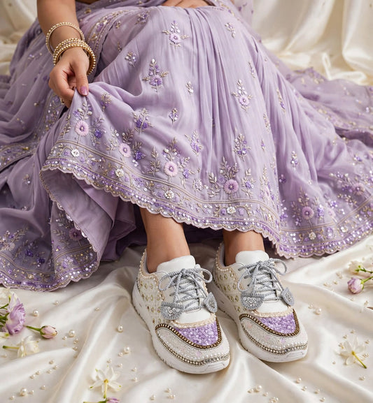 Funky N Trendy ivory and purple embroidery work bridal sneakers/ bridesmaid sneaker / lavender sneakers/ lilac sneakers / sequine work sneakers/ purple shoes/ silver sneakers