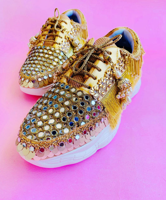 FUNKY N TRENDY gold mirror sneakers for brides /bridesmaids / sneakers for bridesmaids/ handcrafted sneakers/ mirror sneakers / bridal sneakers / bridesmaid sneakers/ gold sneakers / mirror shoes