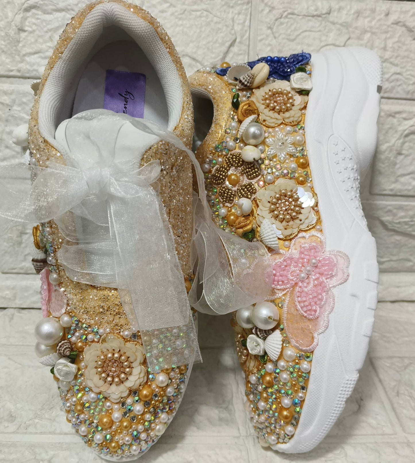 FUNKY N TRENDY gold pink blue butterfly embroidery sneakers for brides /gold embroidered sneakers/ handcrafted sneakers/ butterfly sneakers / bridal sneakers / bridesmaid sneakers/ gold and pink hand work sneakers