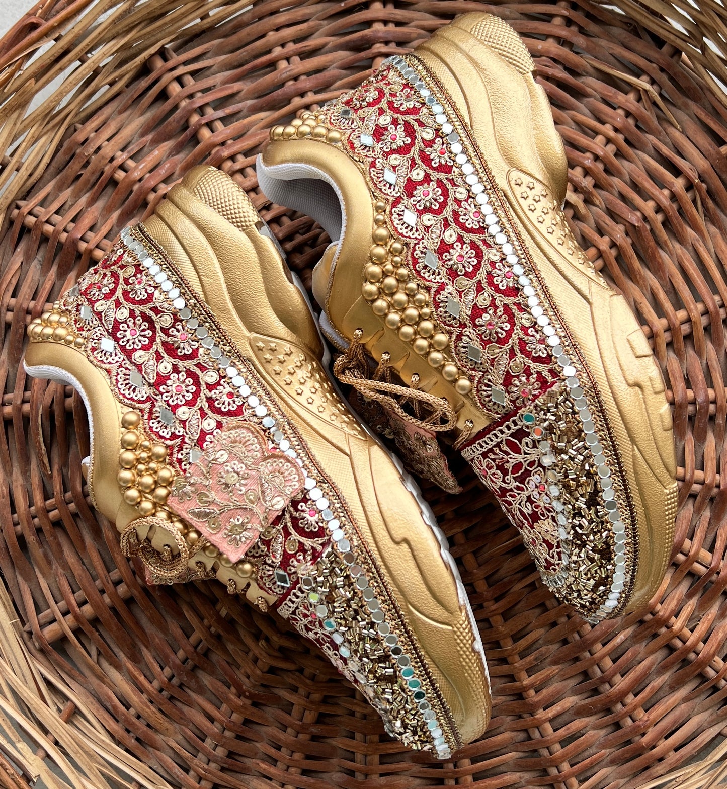 Funky N Trendy Maroon & Gold embroidery work bridal sneakers/ bridesmaid sneaker / golden sneakers/ Maroon sneakers / gold shoes