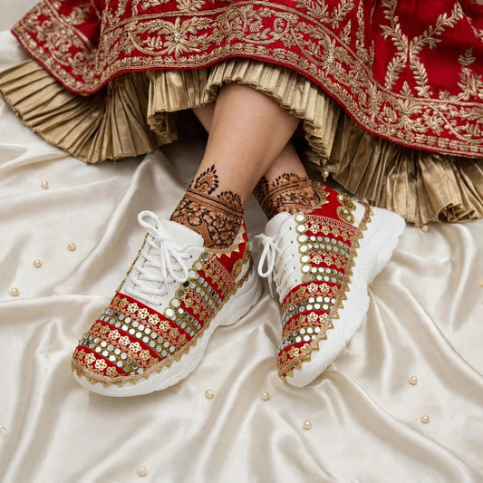 FUNKY N TRENDY red sneakers for brides /bridesmaids / sneakers for bridesmaids/ handcrafted sneakers/ mirror sneakers / bridal sneakers / bridesmaid sneakers/ gold sneakers / red sneakers