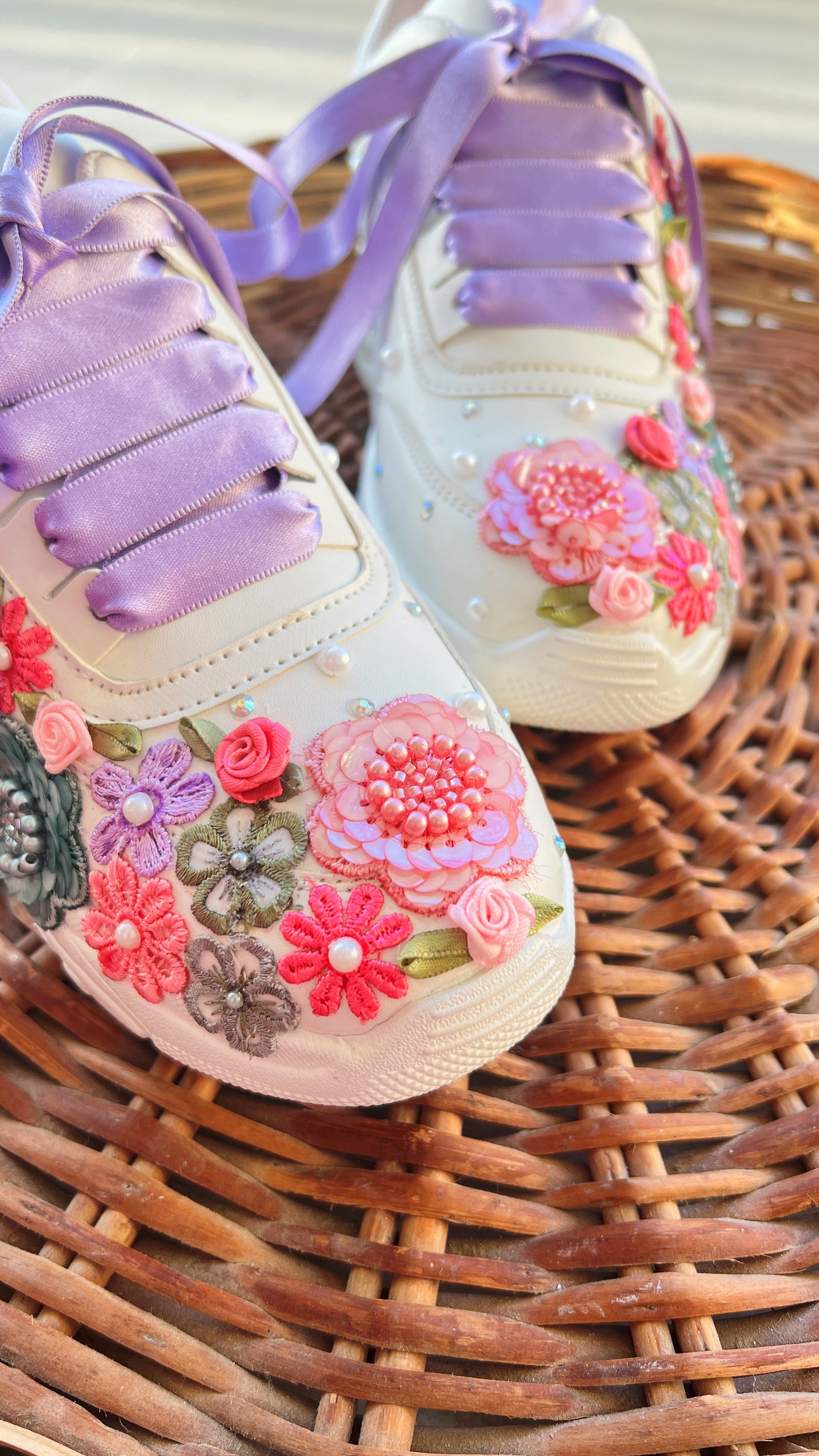 FUNKY N TRENDY hand embroidered floral work sneakers/ white sneakers /bridal shoes / bridal sneakers / floral sneakers/flower shoes /bridesmaid sneakers/ pink shoes / pink sneakers