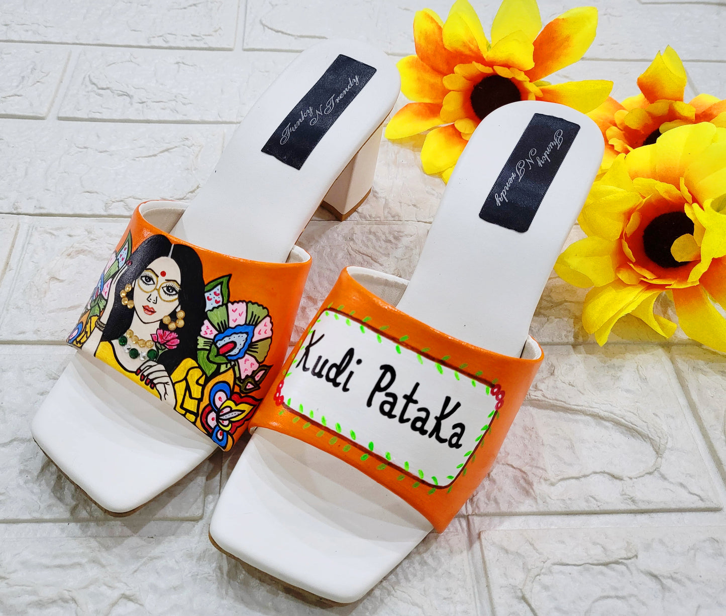 FUNKY N TRENDY hand painted water resistant wedding theme block heels for bride / handpainted heels / quirky heels/ kudi pataka sandals / kudi pataka heels / orange heels