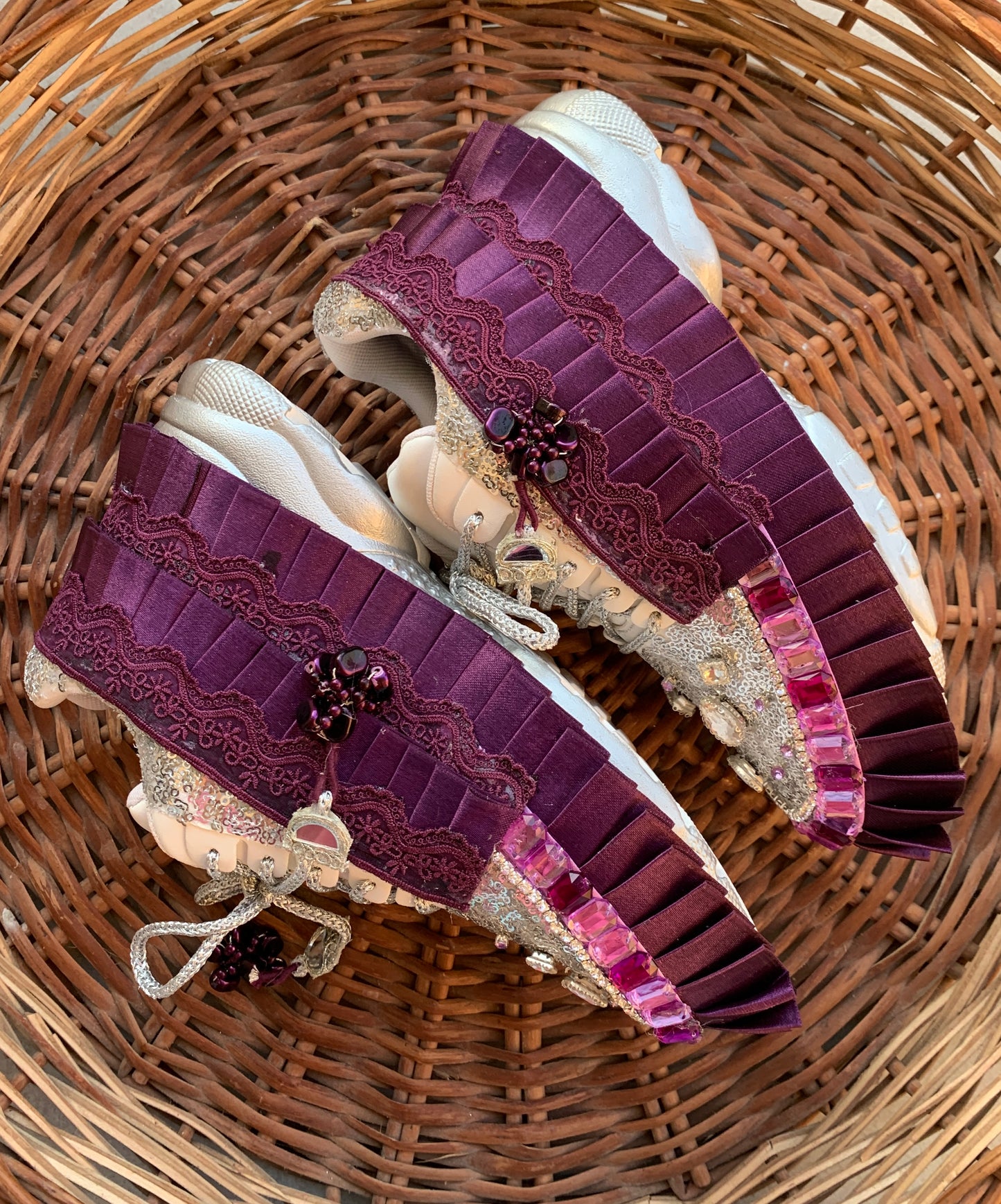 FUNKY N TRENDY eggplant & Silver color hand work sneakers for brides / bridesmaids/ silver sneakers / dark purple sneakers / eggplant color shoes