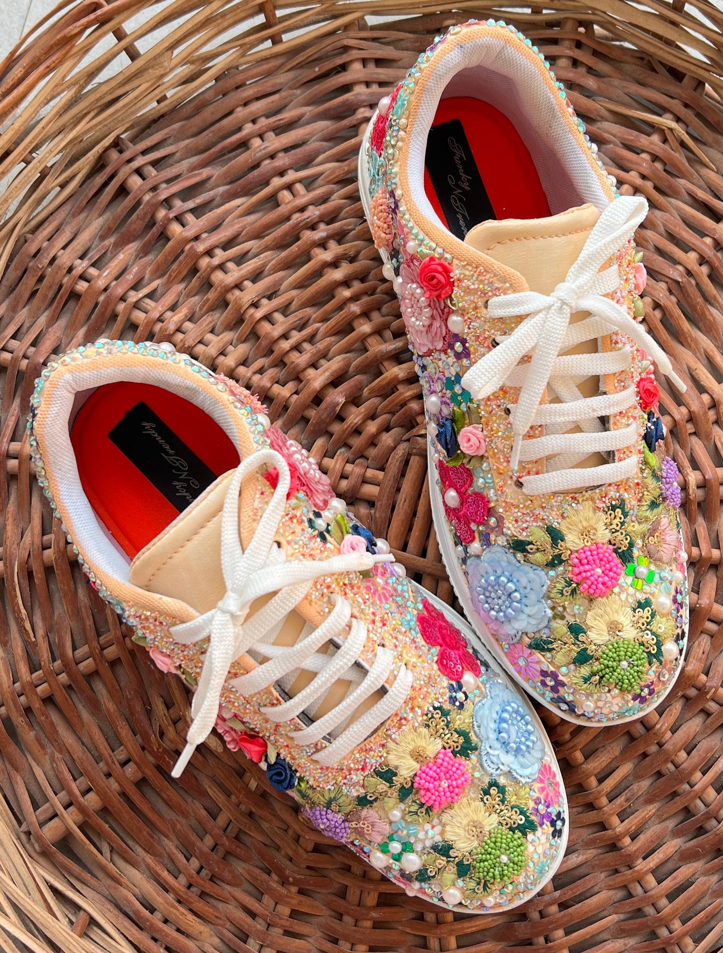 FUNKY N TRENDY fully hand crafted floral work with beads rhinestones cutdana etc /bridal sneakers / bridesmaid sneakers/ floral sneakers /colorful sneakers /bridal shoes / haldi mahendi shoes