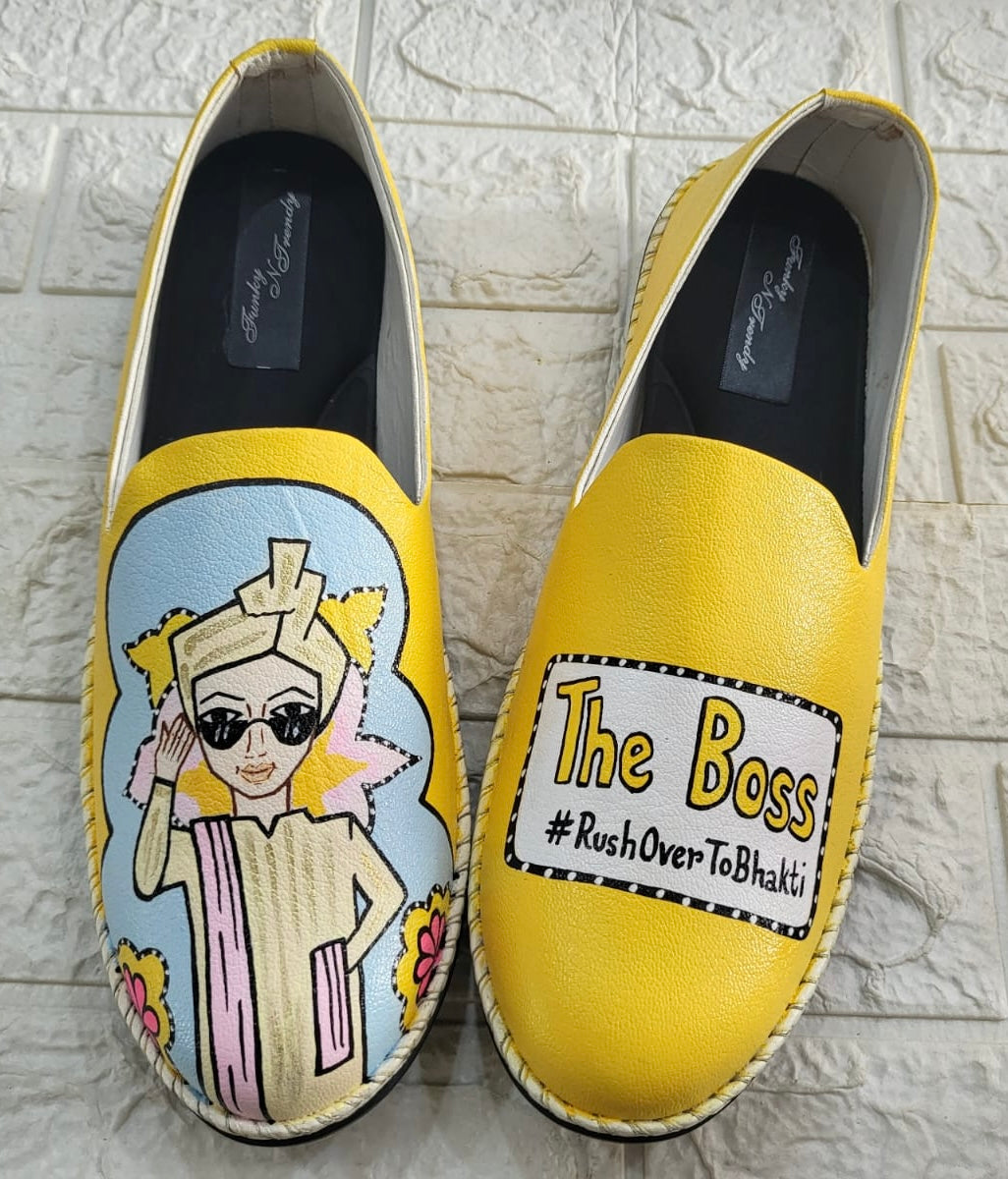 Funky N Trendy Couple footwear/ bridal footwear / groom footwear/ quirky footwear / couple shoes/funky bridal combos / wedding footwear/ couple footwear for haldi mahendi sangeet/hand painted heels/ wedges / yellow shoes for haldi