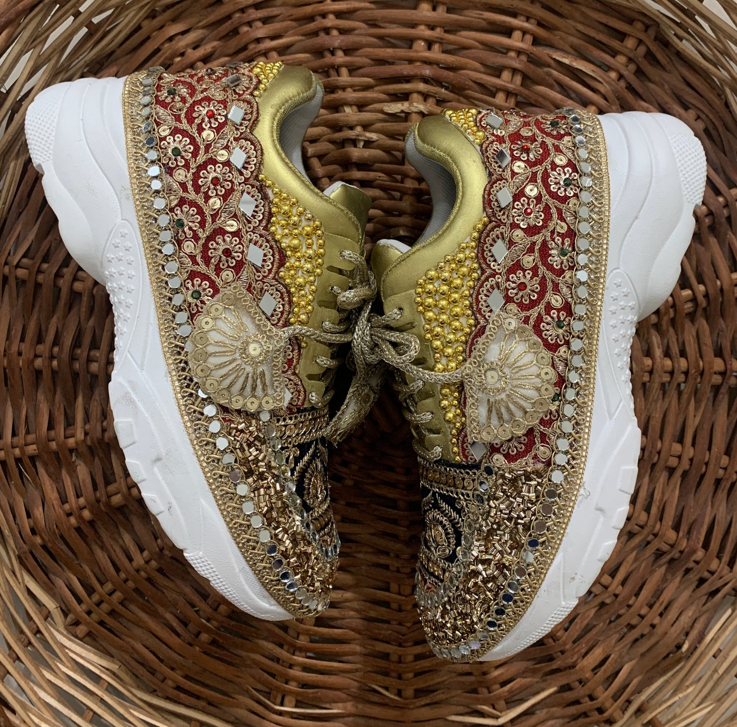 FUNKY N TRENDY maroon and gold sneakers with mirror detailing for brides /bridesmaids / sneakers for bridesmaids/ handcrafted sneakers/ maroon sneakers / bridal sneakers / bridesmaid sneakers/ maroon shoes