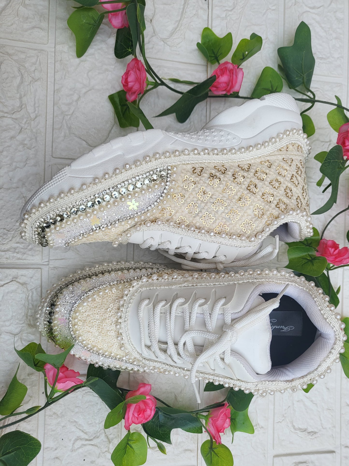 Funky N Trendy ivory / off white embroidery work bridal sneakers/ bridesmaid sneaker / hancrafted sneakers / gold sneakers / golden sneakers/ white sneakers / white shoes