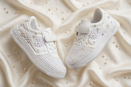Funky N Trendy white floral sneakers/kids sneakers/ fliral shoes / kids shoes/ white sneakers / white pearl shoes for kids/handmade sneakers for kids