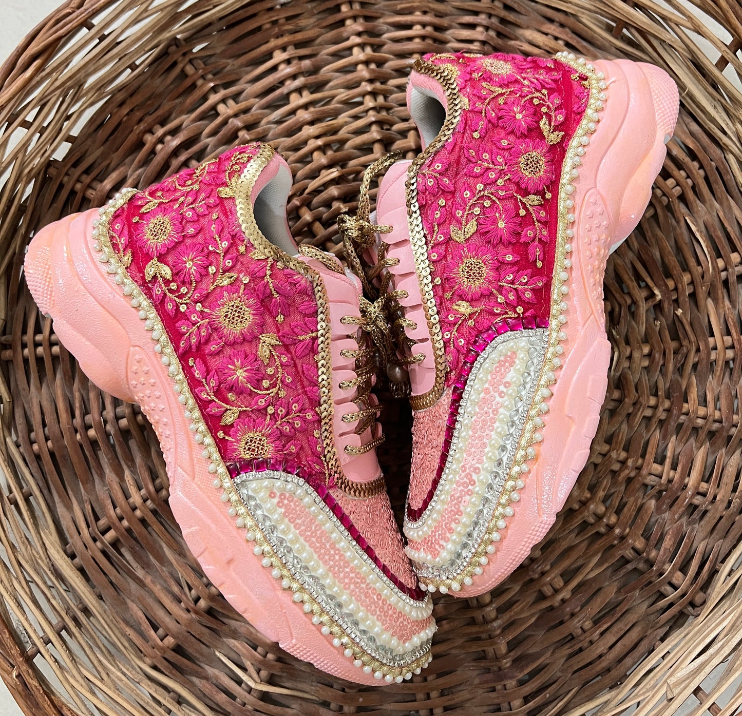 FUNKY N TRENDY peach/pink / pink embroidery sneakers with pearls detailing for brides / bridesmaids with custom couple name initials/ pink shoes / peach shoes/ rani color sneakers