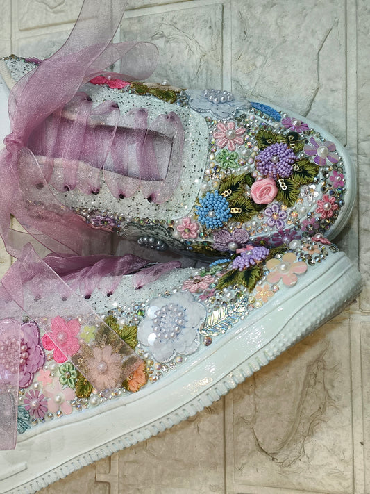 FUNKY N TRENDY fully hand crafted floral work with beads rhinestones cutdana/bridal sneakers / bridesmaid sneakers/ floral sneakers /colorful sneakers /bridal shoes / haldi mahendi shoes/ multi color shoes / pastel sneakers