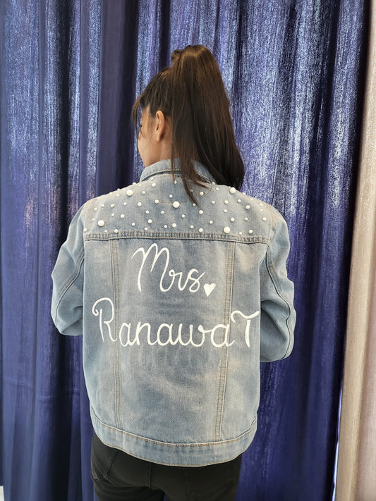 Funky N Trendy customized surname theme denim jacket for bride / bridesmaid etc with pearls detailing