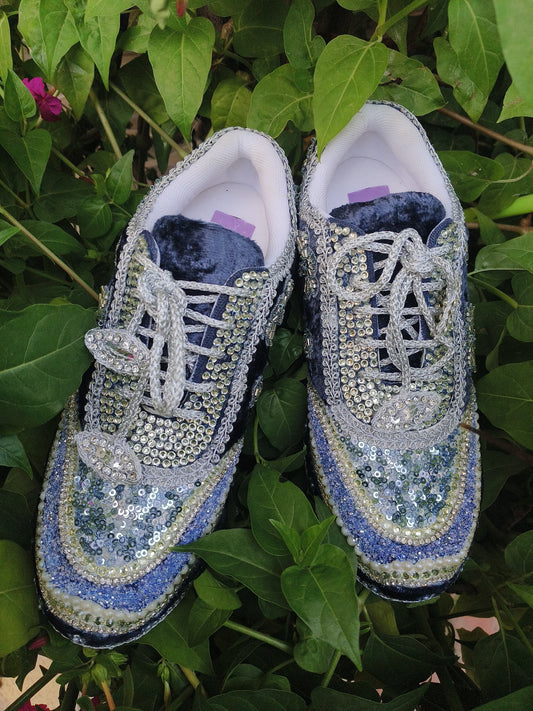 Midnight Blue Velvet Bridal Sneakers with Silver Cutdana & Crystal Embellishments
