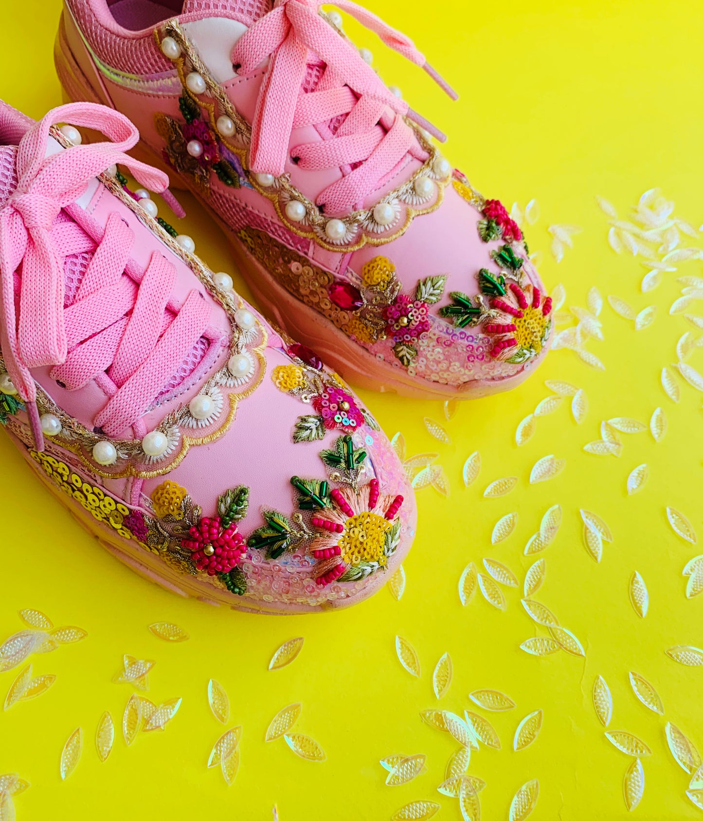 Funky N Trendy Pink sequine and floral work with beads detailing bridal sneakers/ bridesmaid sneaker / pink sneakers/ hot pink sneakers / pink shoes for bride/ rani pink sneakers