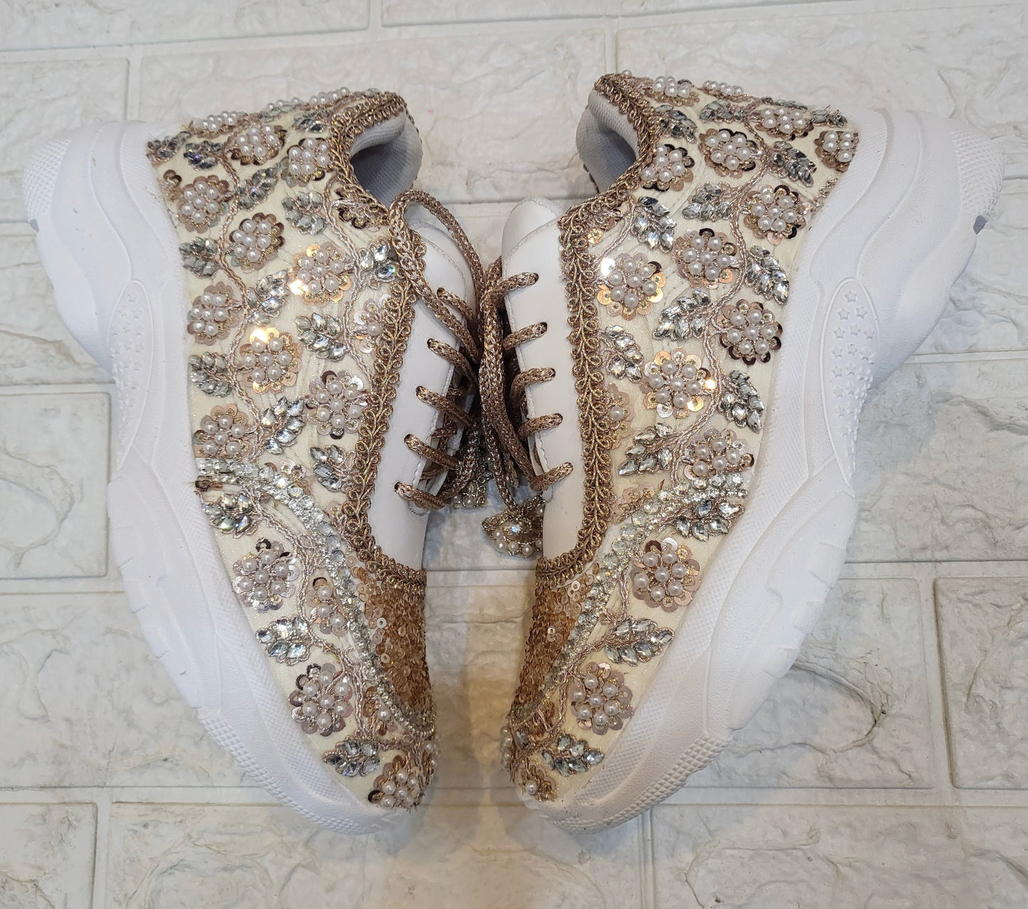 FUNKY N TRENDY rose gold/ tan peach/gold sneakers with pearl detailing for brides / bridesmaids/ ivory sneakers / beige sneakers / tan peach shoes/ rose gold sneakers / rose gold shoes