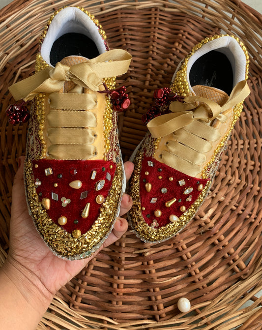 FUNKY N TRENDY maroon and gold sneakers with mirror detailing for brides /bridesmaids / sneakers for bridesmaids/ handcrafted sneakers/ maroon sneakers / bridal sneakers / bridesmaid sneakers/ maroon shoes