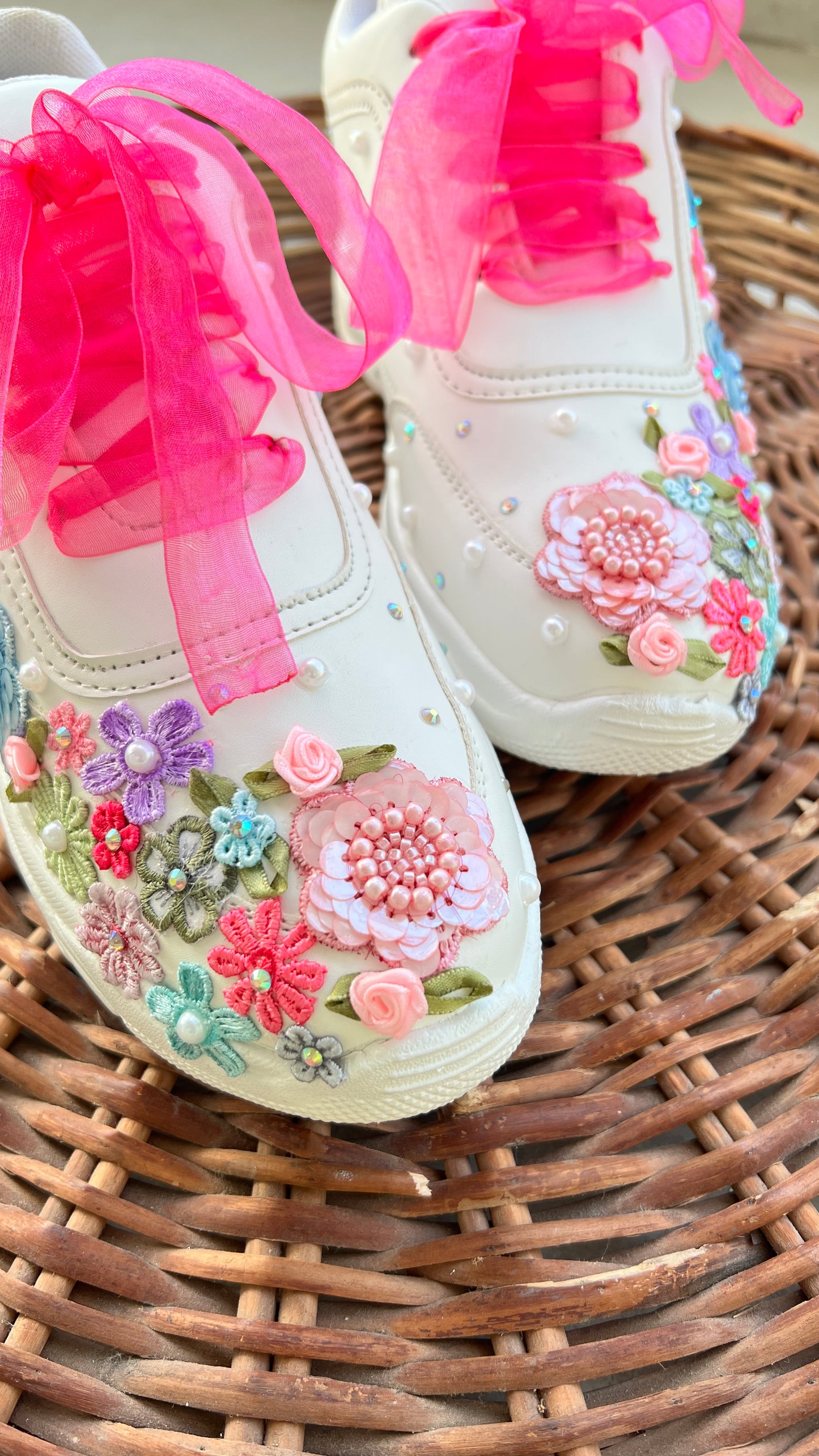 FUNKY N TRENDY hand embroidered floral work sneakers/ white sneakers /bridal shoes / bridal sneakers / floral sneakers/flower shoes /bridesmaid sneakers/ pink shoes / pink sneakers