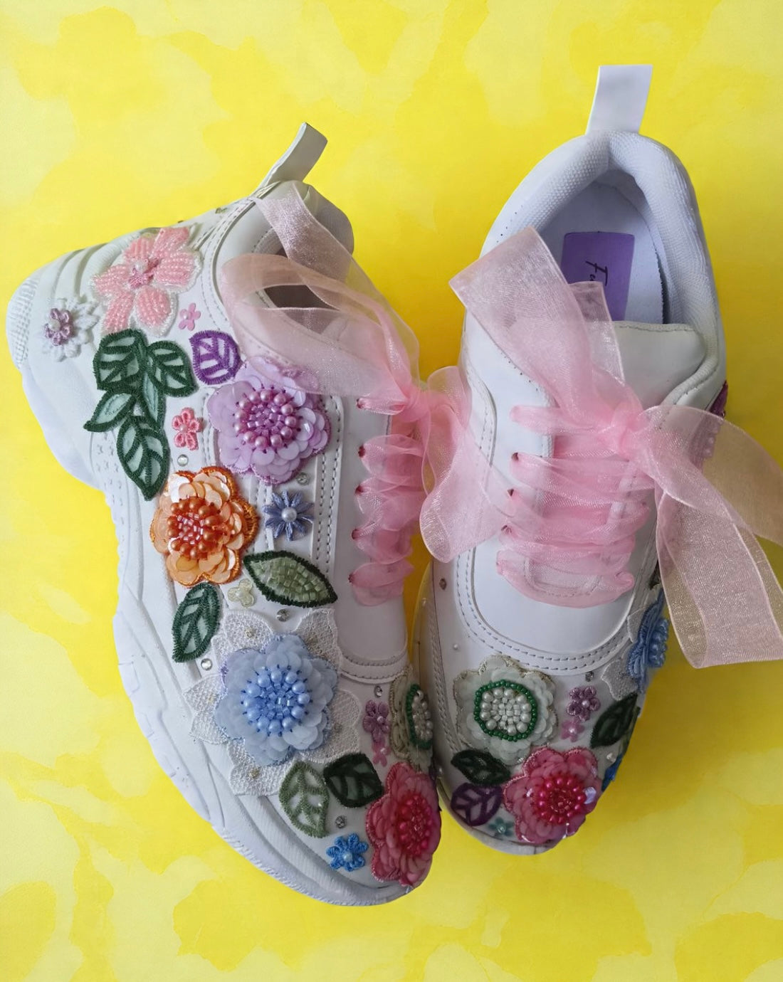 FUNKY N TRENDY “Pastel Garden Handcrafted Sneakers – Floral Magic” with customized wedding date / name initials