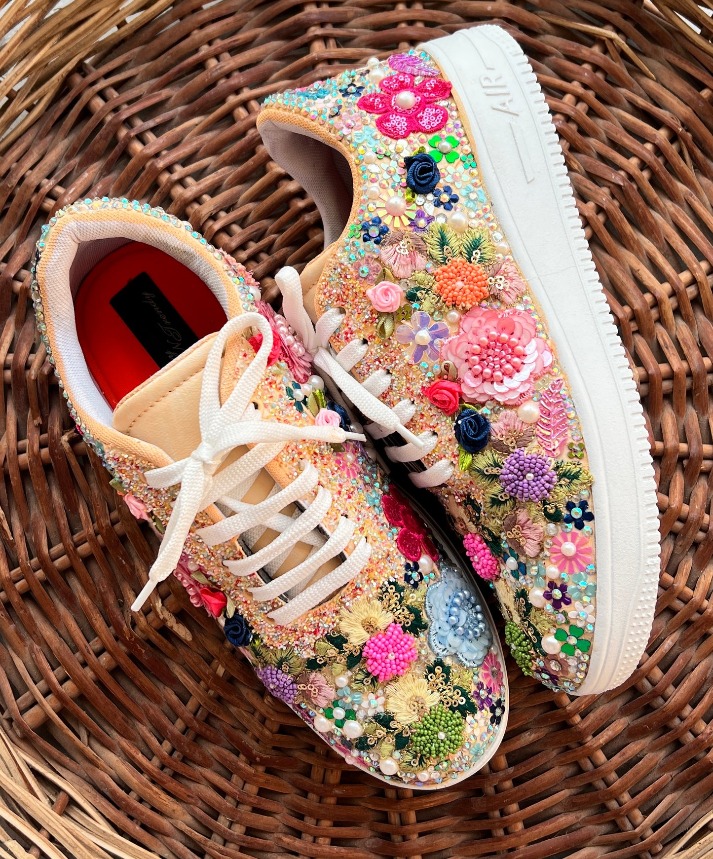 FUNKY N TRENDY fully hand crafted floral work with beads rhinestones cutdana etc /bridal sneakers / bridesmaid sneakers/ floral sneakers /colorful sneakers /bridal shoes / haldi mahendi shoes