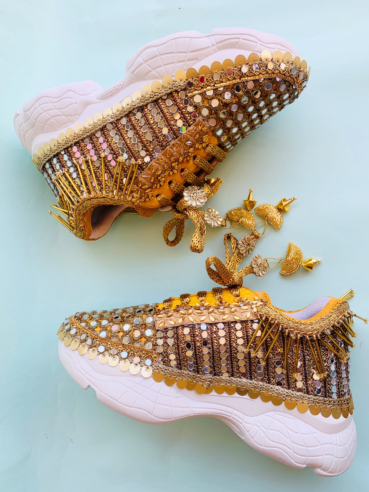 FUNKY N TRENDY gold mirror heeled sneakers for brides and bridesmaids