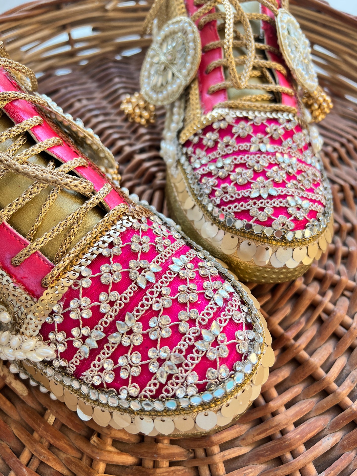FUNKY N TRENDY hot pink sneakers with rhinestone detailing for brides /bridesmaids / sneakers for bridesmaids/ handcrafted sneakers/ sequine sneakers / bridal sneakers / bridesmaid sneakers/ pink sneakers / gold shoes/ rani pink sneakers