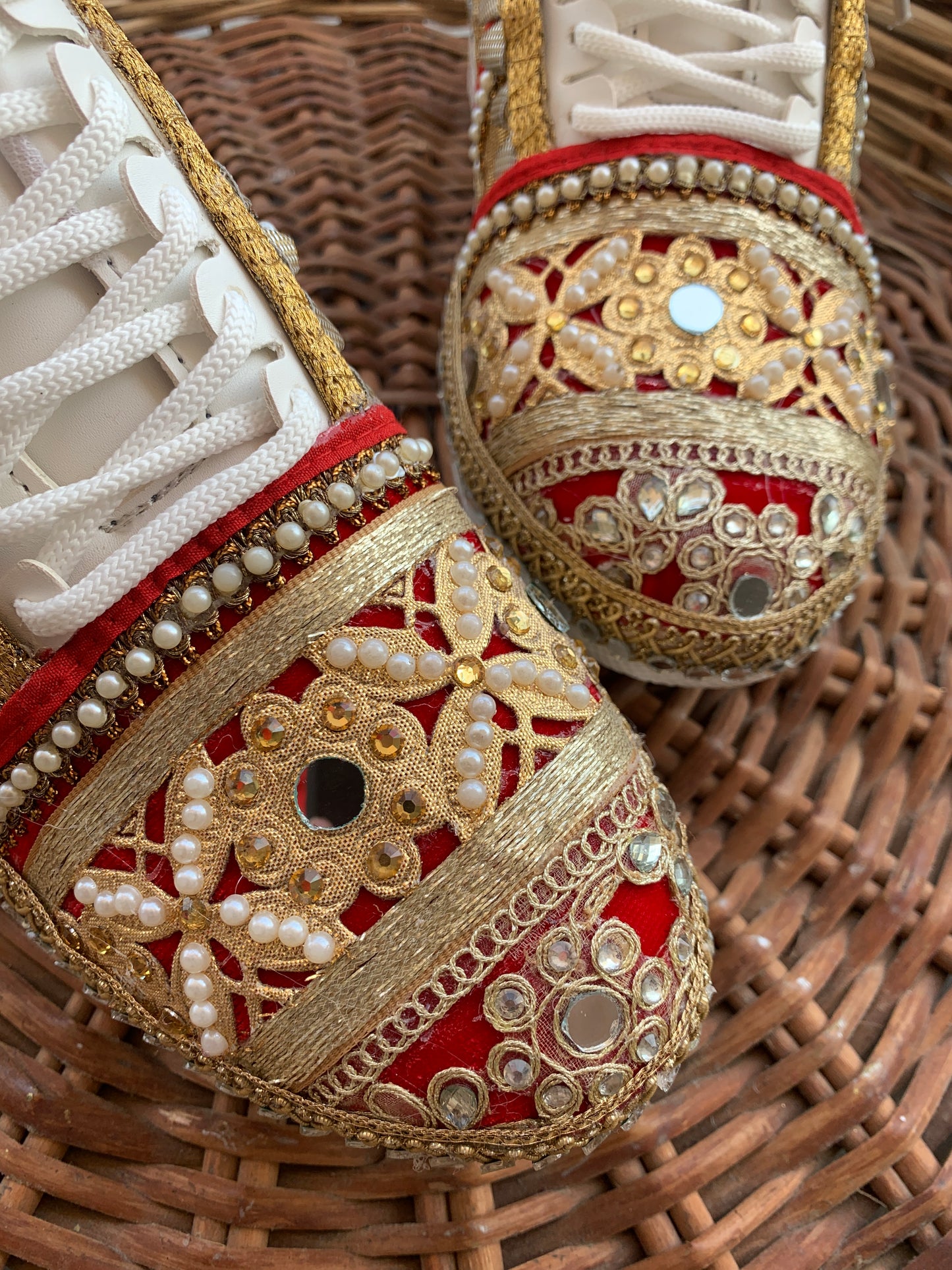 FUNKY N TRENDY red and gold sneakers for brides /bridesmaids / sneakers for bridesmaids/ handcrafted sneakers/ gold sneakers / bridal sneakers / bridesmaid sneakers/ gold sneakers / red shoes