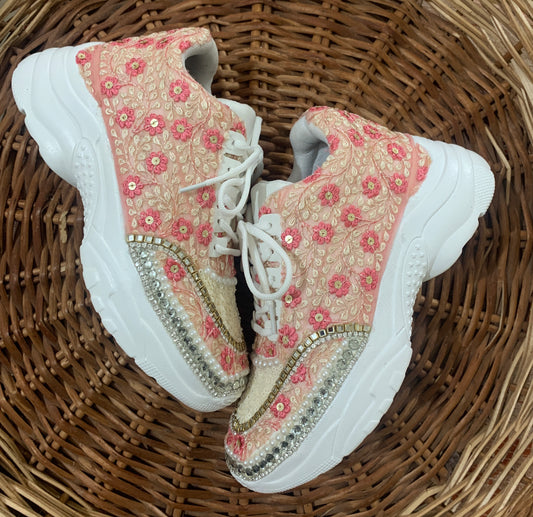Funky N Trendy hand crafted pink theme bridal sneakers/ bridesmaid sneaker / ivory pink sneakers/ pink floral theme sneakers / pink shoes