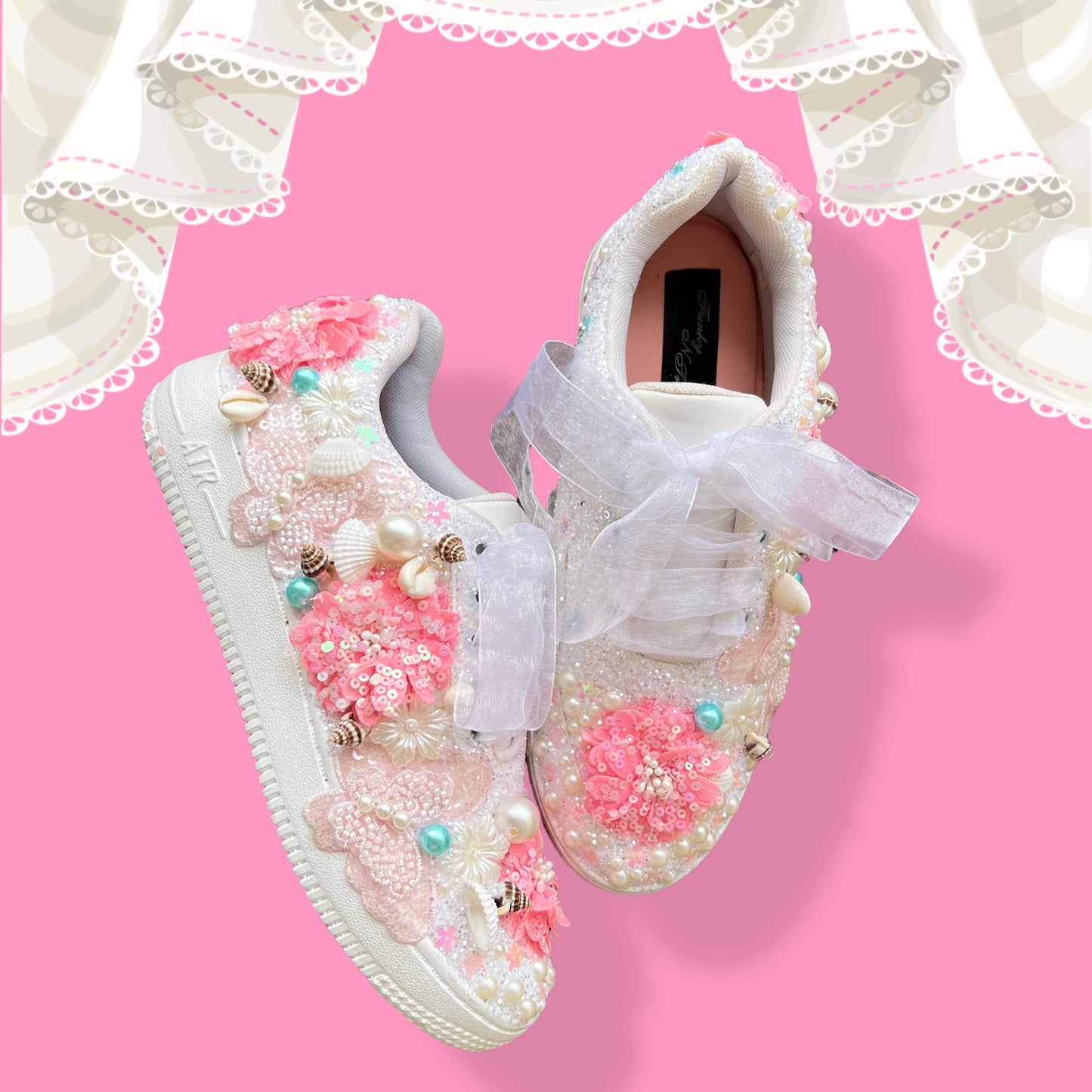 FUNKY N TRENDY floral theme hand work sneakers for brides / bridesmaids/ shells sneakers / pearls sneakers / blue and pink shoes / pink and blue sneakers/ butterfly and floral sneakers