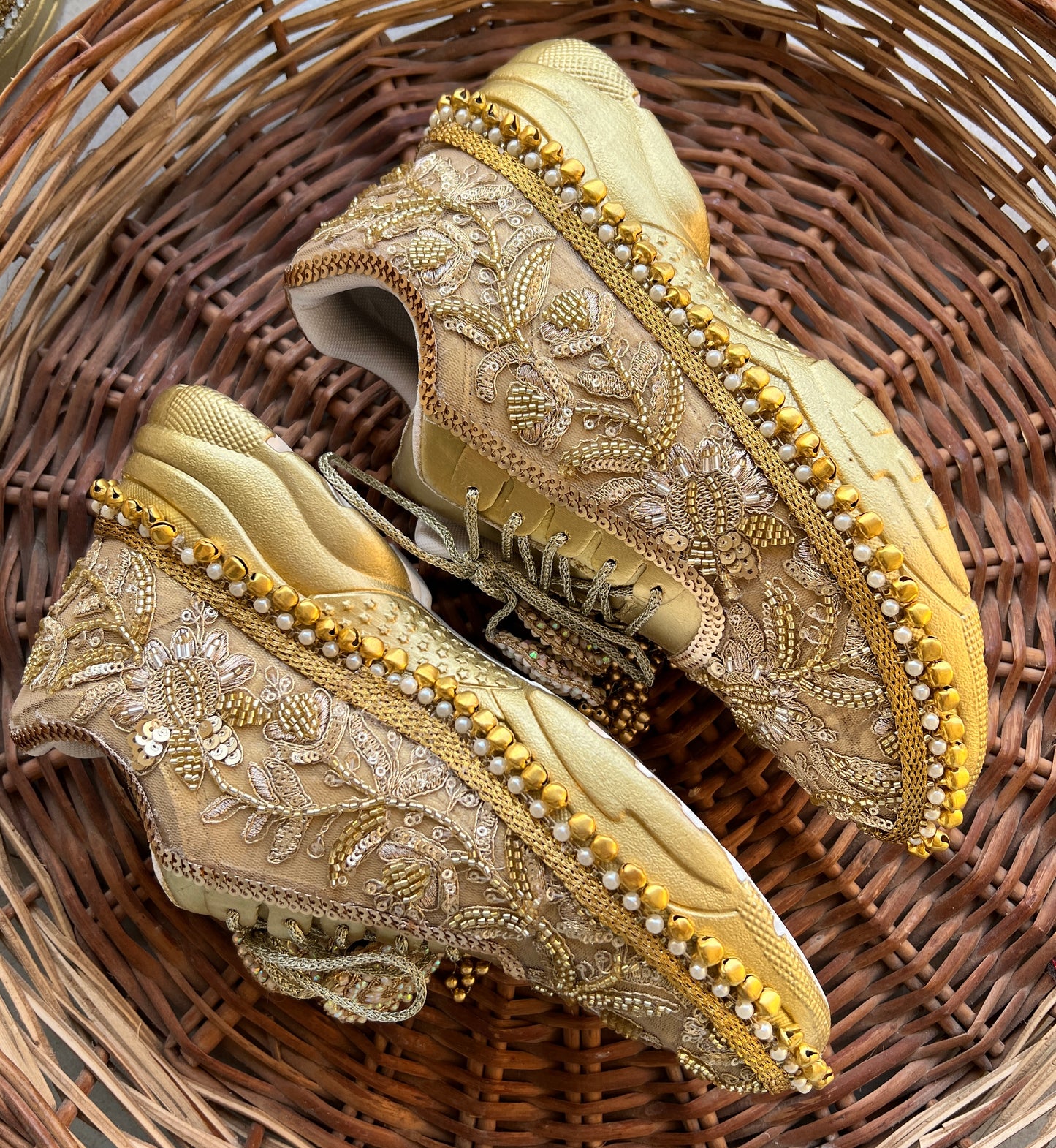 FUNKY N TRENDY golden mirror pearl and sequine work bridal sneakers / bridesmaid sneakers/ gold sneakers / golden sneakers/ ghungaroo sneakers / ghungaroo shoes