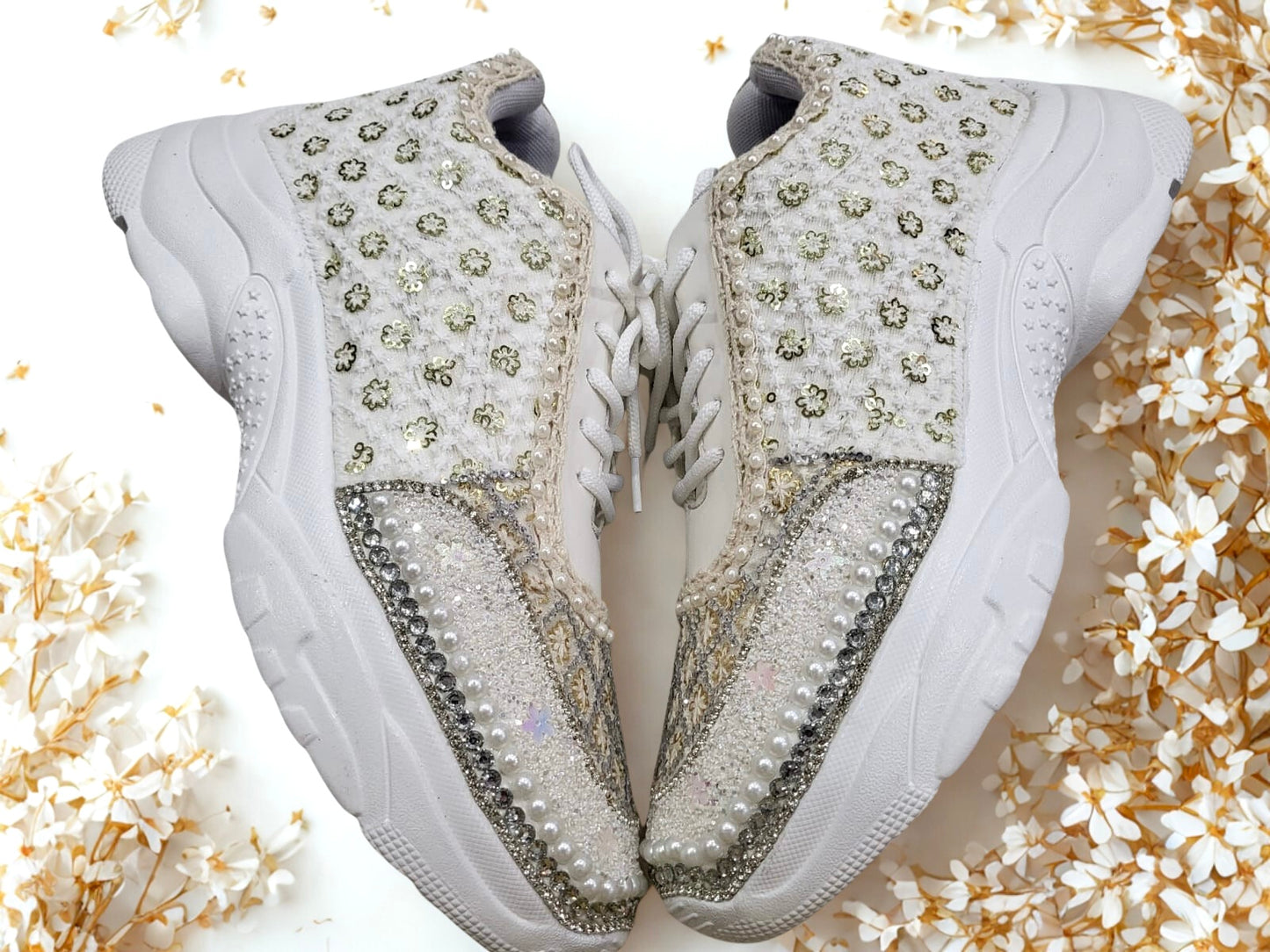 FUNKY N TRENDY Ivory Magic Bridal Sneakers – Custom Bead Detailing with pearls and swaroski