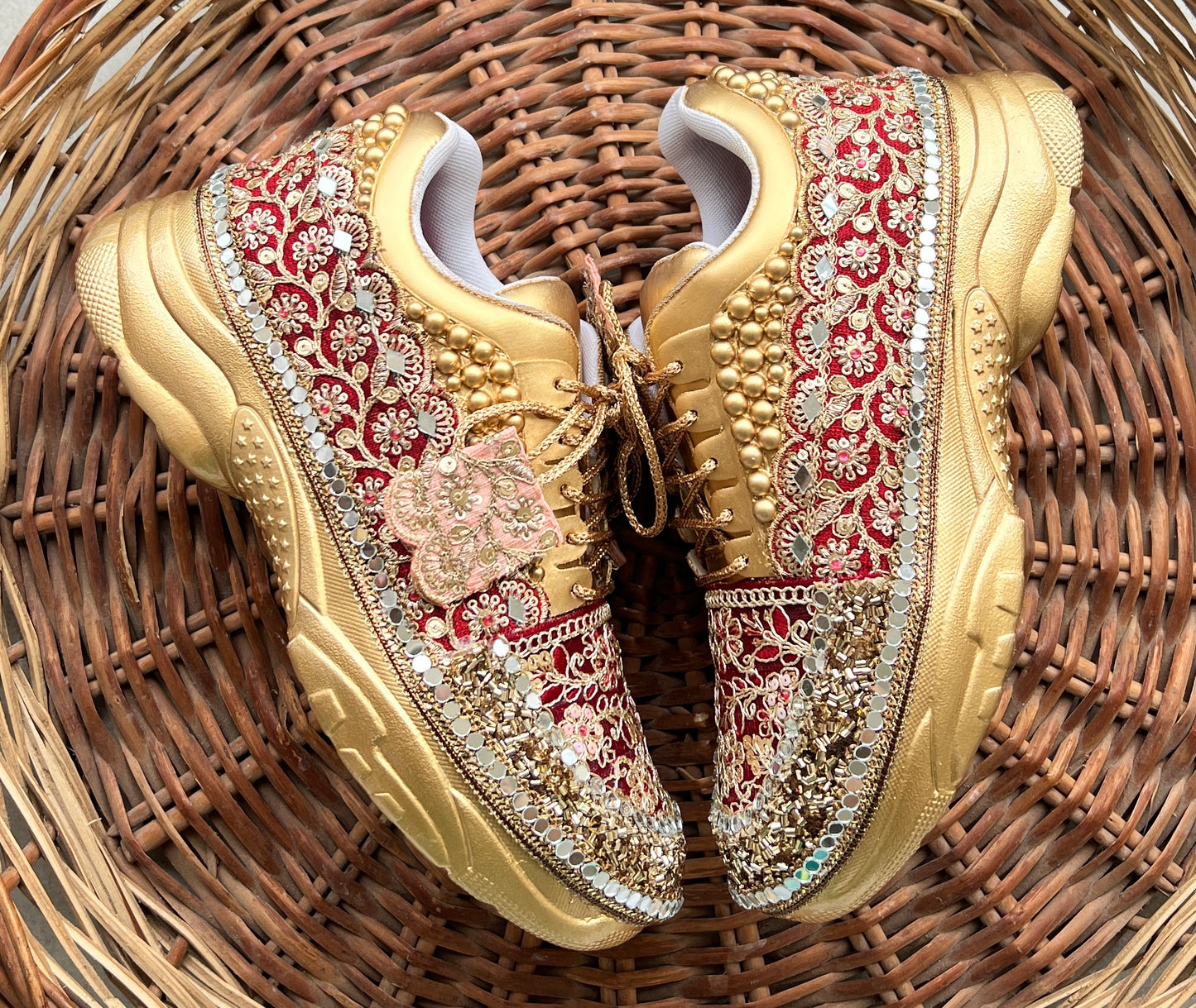 Funky N Trendy Maroon & Gold embroidery work bridal sneakers/ bridesmaid sneaker / golden sneakers/ Maroon sneakers / gold shoes