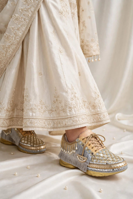 FUNKY N TRENDY dual theme gold silver sneakers for brides / silver sneakers for bridesmaids/ handcrafted sneakers/ golden sneakers / bridal sneakers / bridesmaid sneakers/ golden hand work sneakers