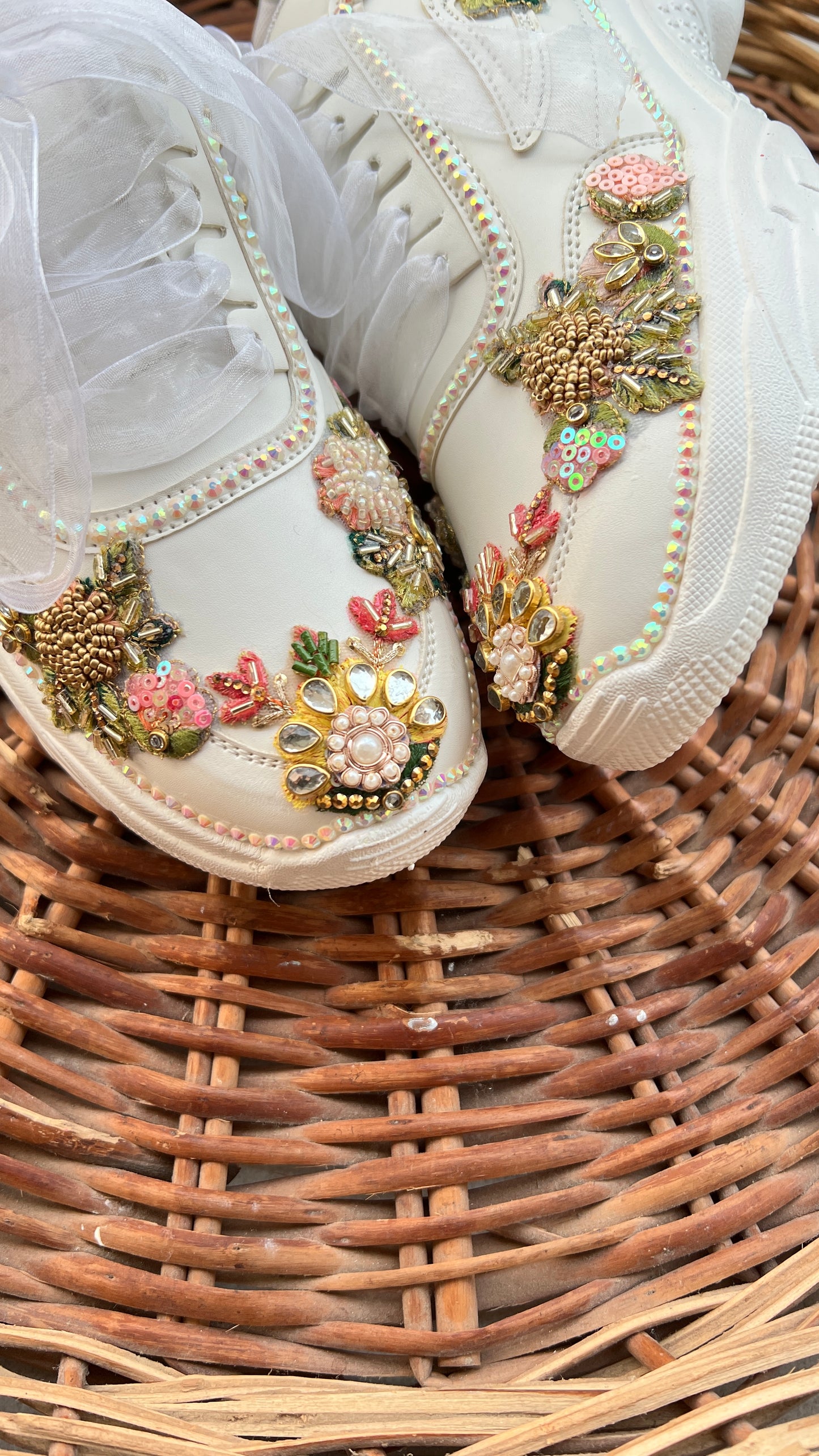 FUNKY N TRENDY hand embroidered floral work sneakers/ white sneakers /bridal shoes / bridal sneakers / minimal sneakers/ bridesmaid sneakers