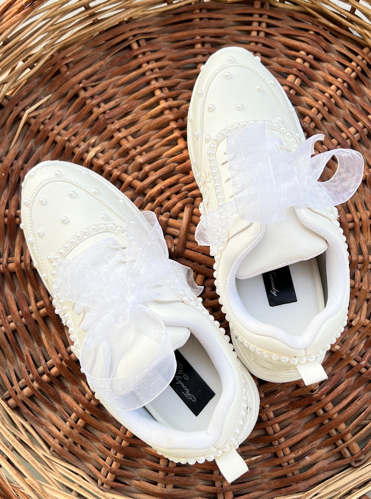 Funky N Trendy white pearl work sneakers with floral detailing / bridal sneakers/ sneaker for bride / white sneakers/ pearl sneakers for bride