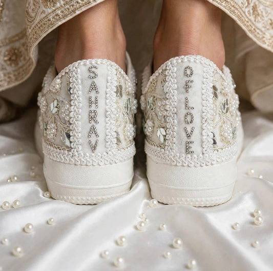 Pearl Embellished Bridal Sneakers – Handmade Wedding Shoes for Brides & Bridesmaids with customized name / hashtag