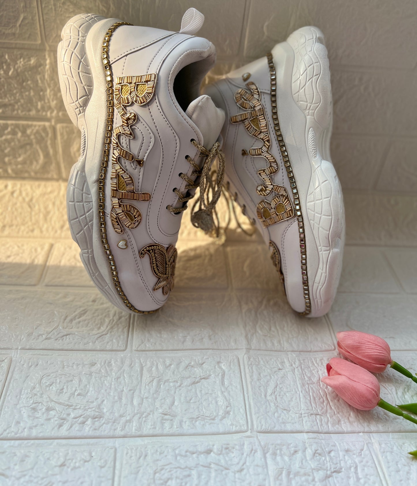 Funky N Trendy hand embroidered Bride word with zardozi and cutdana / bridal sneakers/ sneaker for bride / zardozi sneakers/ golden sneakers for bride / custom wedding date and hashtag