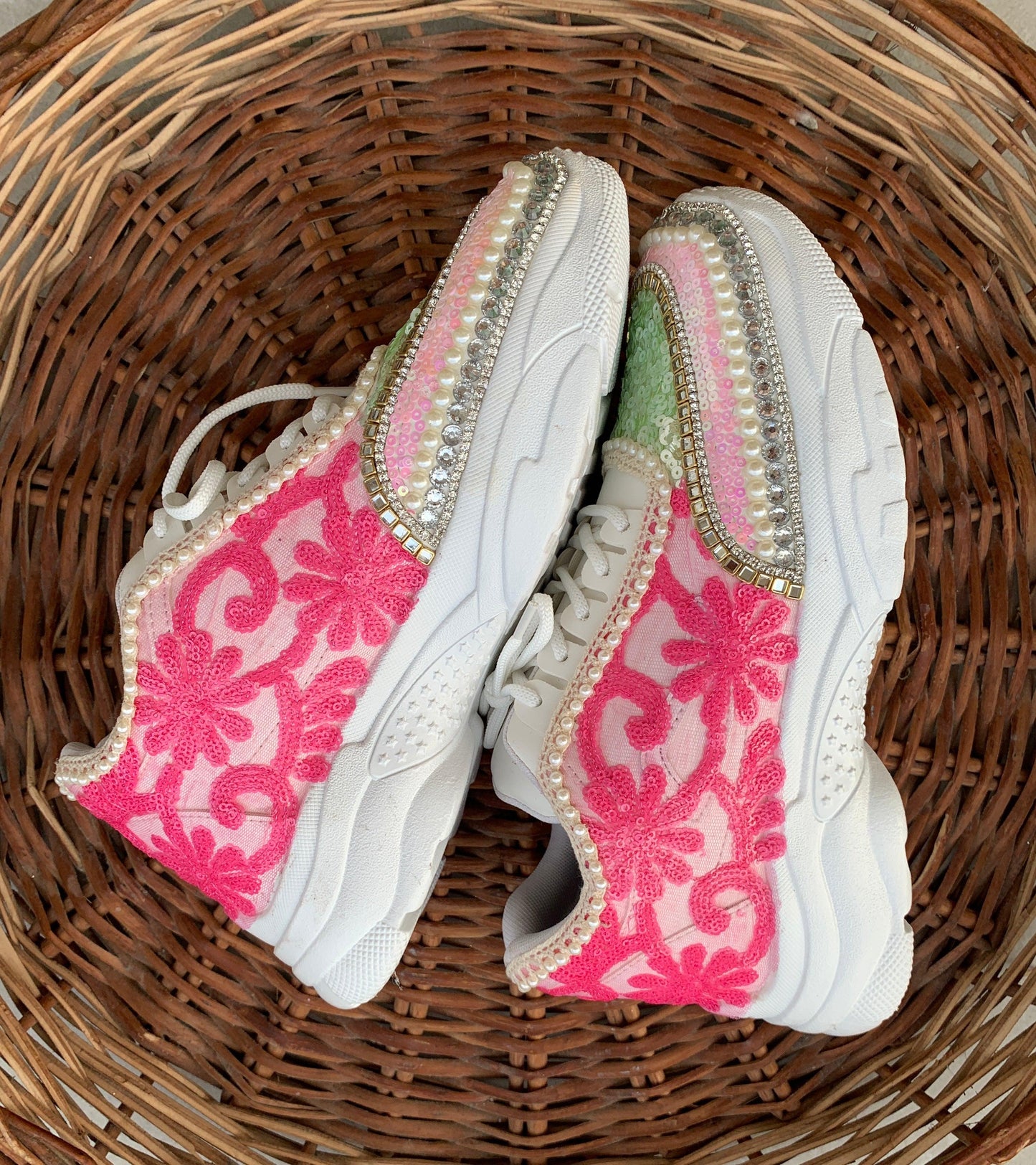 FUNKY N TRENDY hand embroidered pink and green floral work sneakers / bridal sneakers / pink sneakers / pink and green sneakers for brides or bridesmaid