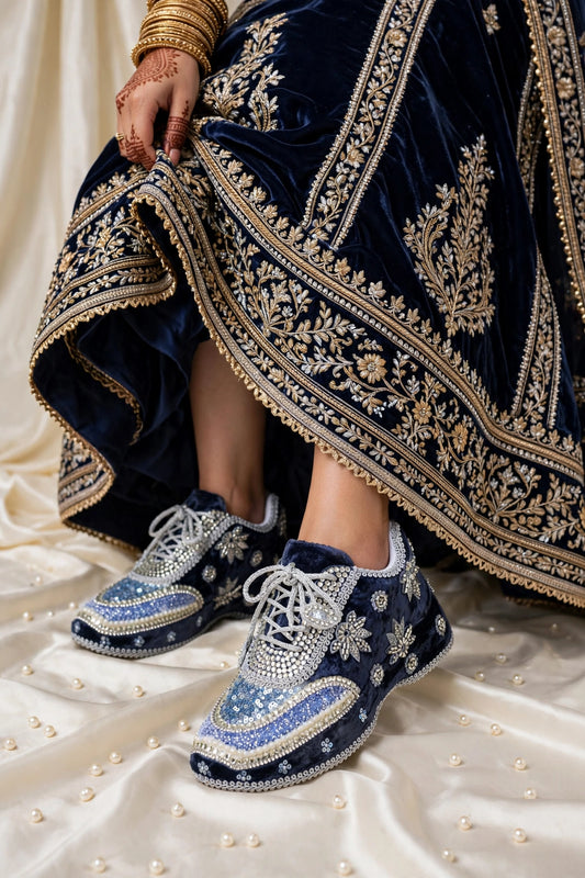 Midnight Blue Velvet Bridal Sneakers with Silver Cutdana & Crystal Embellishments